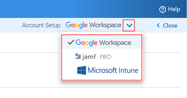 Account Setup drop-down with Google Workspace highlighted.